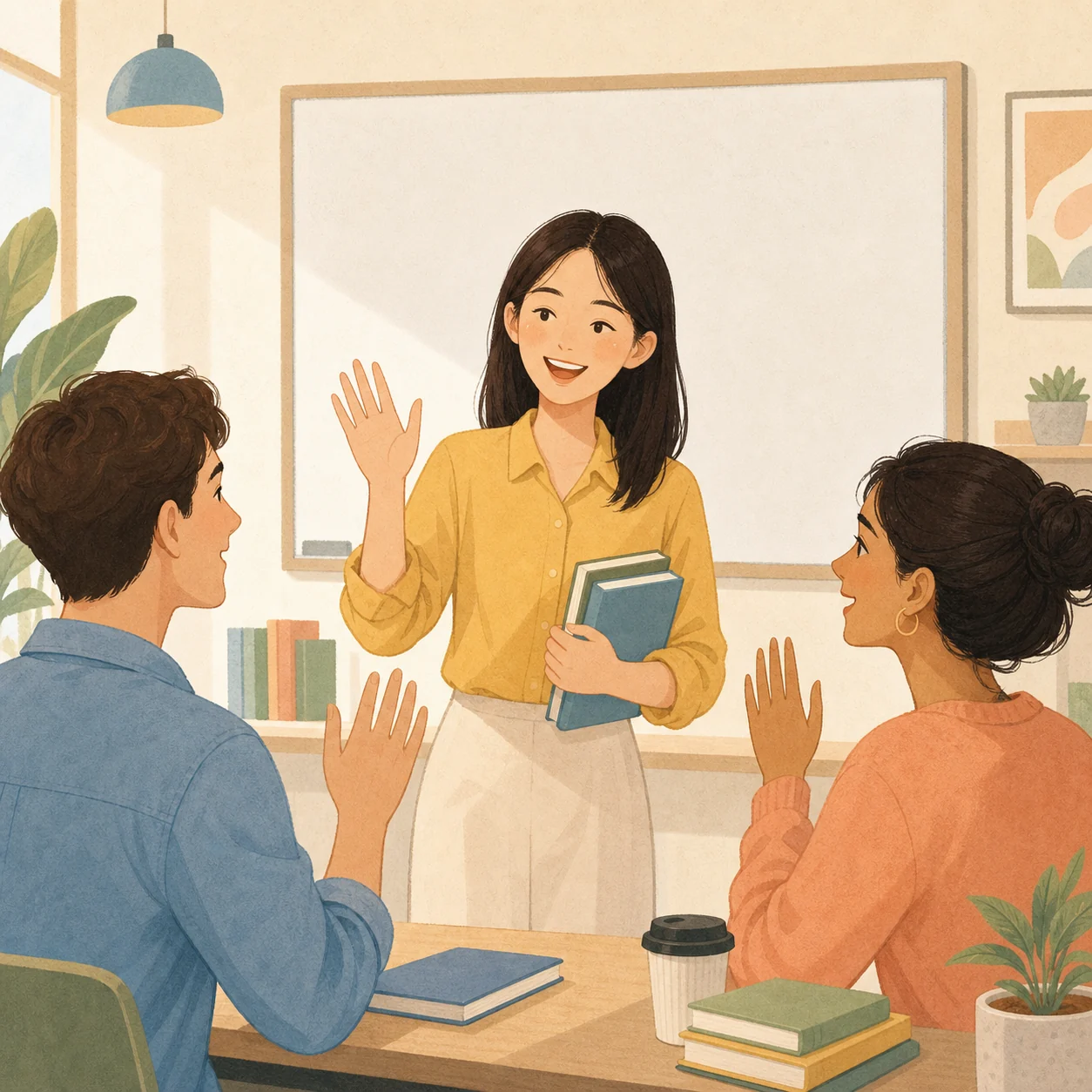 A teacher and two learners greeting each other in a bright classroom