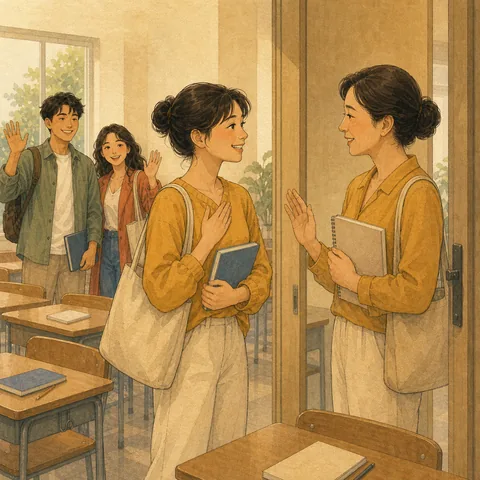 A friendly scene for polite greetings and goodbyes