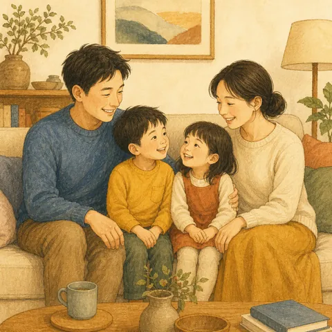 A father and mother smiling with two young children in a warm living room