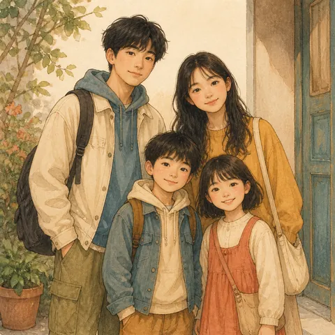 Four siblings standing together: two older teens and two younger children