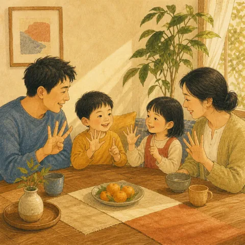 A small family at a dining table counting themselves on their fingers