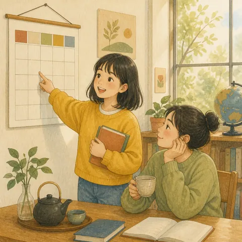 A learner pointing at a wall calendar while a friend relaxes with a cup of tea