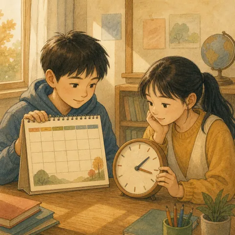 Two classmates looking at a calendar and a clock in a quiet classroom