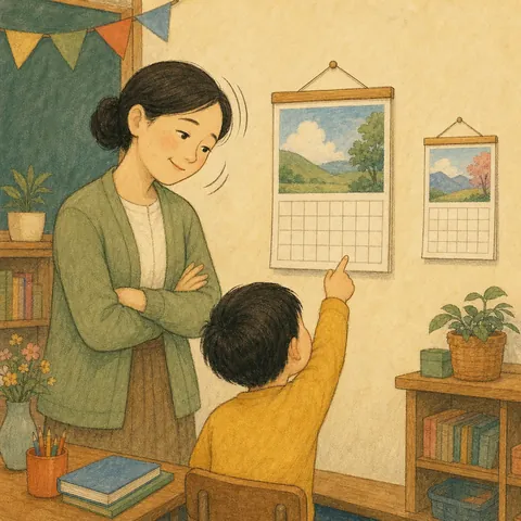 A teacher shaking her head kindly while a student points to two calendars, one near and one far