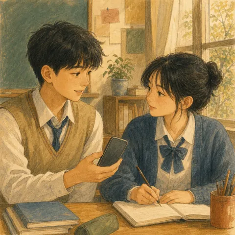 Two classmates exchanging a mobile phone number in a bright classroom