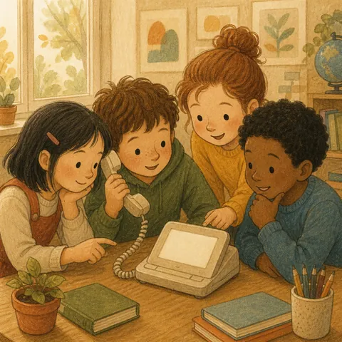 Classmates checking a complete phone number together beside a small classroom phone