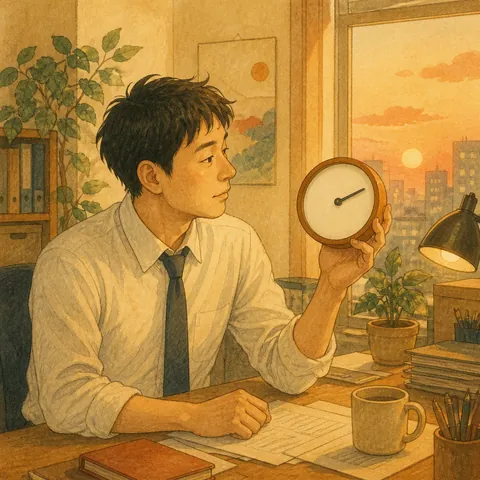 A worker checking a round wall clock in warm evening light