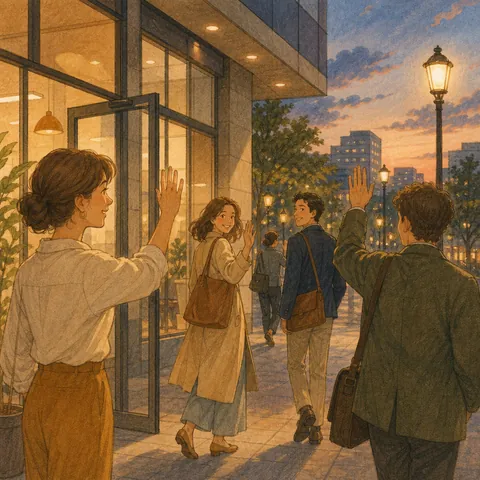 Office workers leaving a building at dusk, waving goodbye