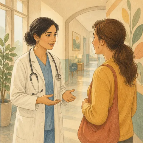 A doctor and a parent talking in a calm hospital corridor