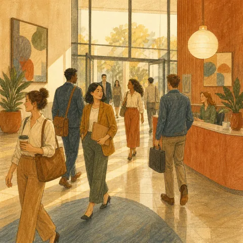 Busy office workers walking in and out of a company lobby