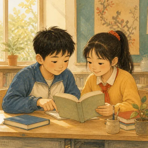 Two classmates studying Chinese books together at a sunny school desk