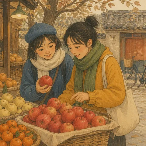 Two friends comparing apples at a small fruit stall
