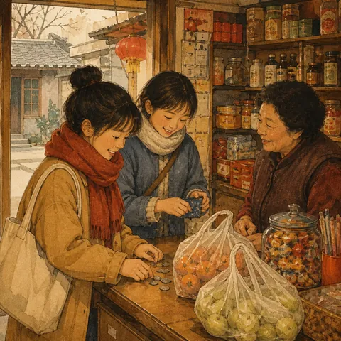 A customer paying for fruit at a small neighborhood shop counter