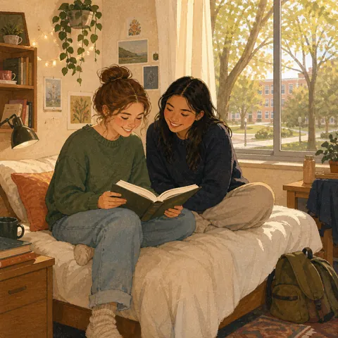 A university student reading in a simple dormitory room