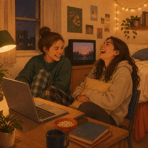 Friends watching a film together on a laptop in a dorm room