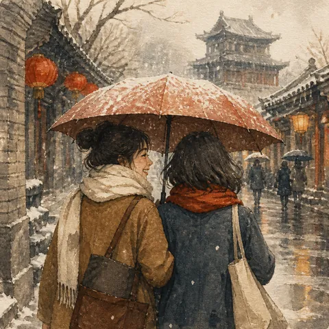 Friends looking out a window at falling snow in a quiet city street