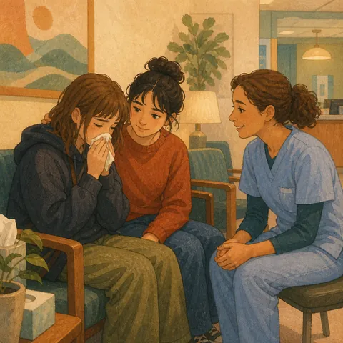 A doctor checking on a student who feels unwell in a clinic