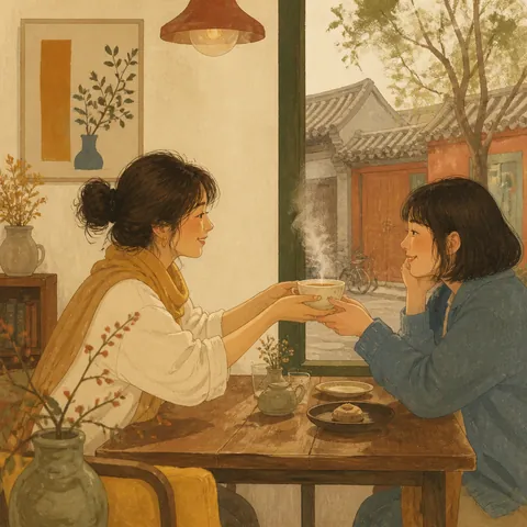 A friend handing a warm cup of tea across a small cafe table