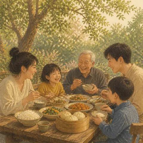 Friends sharing rice, dishes, and steamed buns at a small restaurant table