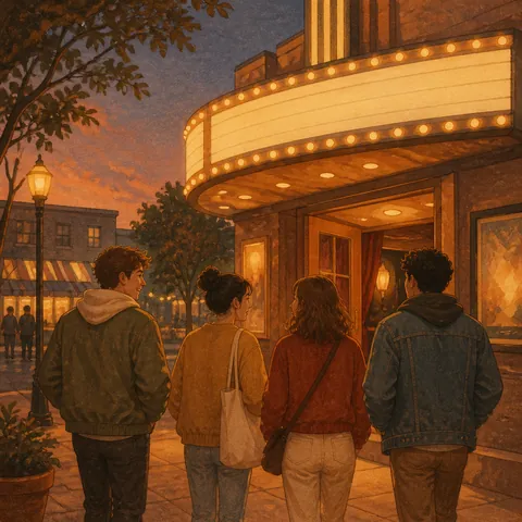 Friends arriving at a small cinema, looking happy to watch a film