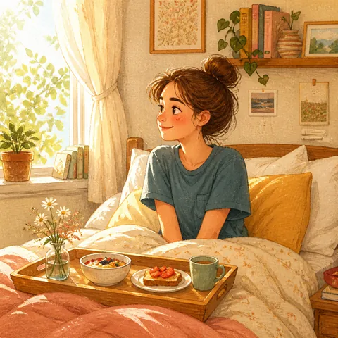 A sunny morning scene: a student getting out of bed beside a tasty breakfast