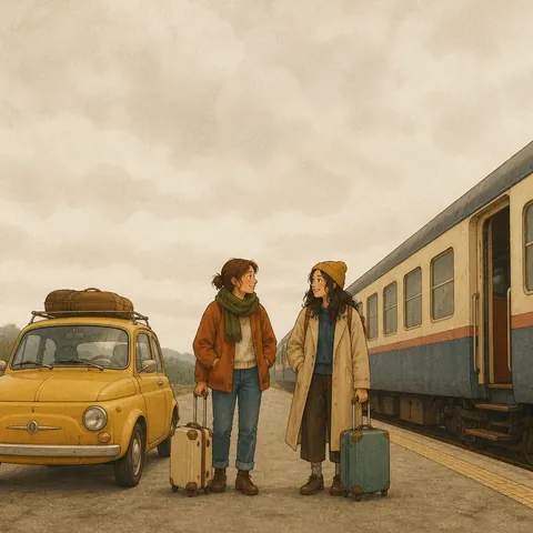 Friends choosing between a taxi, a train, and a plane for a trip