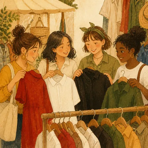 Friends comparing red, white, black, and green clothes on a market rack