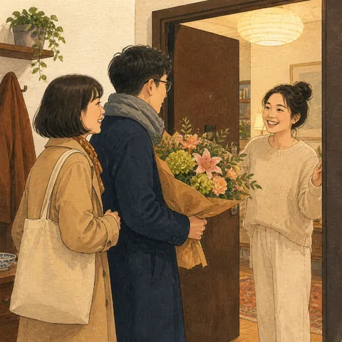 Guests holding flowers at a Beijing apartment door for a first visit