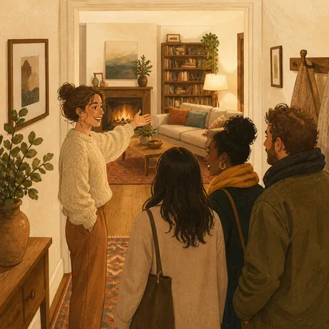 A host waving guests from the hallway into a warm living room