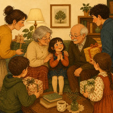 A family birthday table with a smiling child, grandparents, and friends