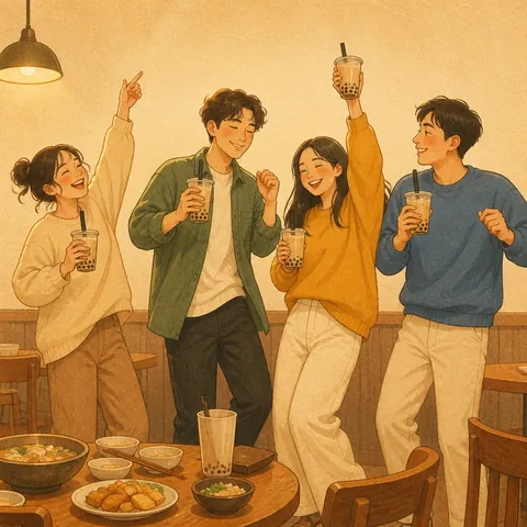 Friends dancing and drinking milk tea at a warm restaurant birthday gathering