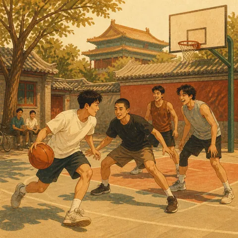 Friends playing basketball on an outdoor court in Beijing