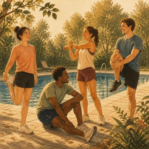 Friends stretching after a run beside a quiet outdoor swimming pool