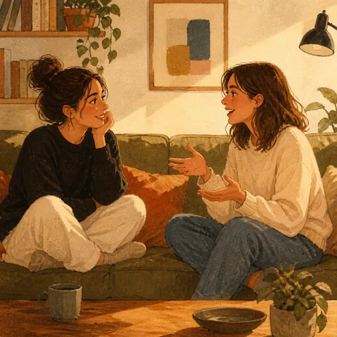 Two friends talking on a sofa, one looking forgetful, the other holding a reminder note