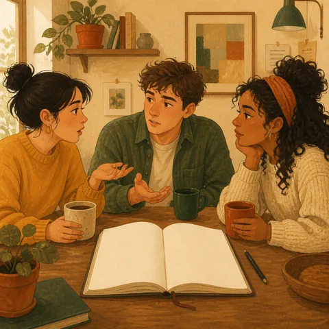 Friends at a table asking why a plan went wrong, looking at a small notebook