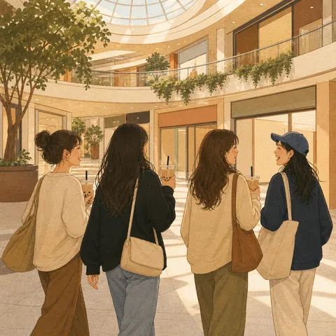 Friends walking into a shopping mall to buy milk tea