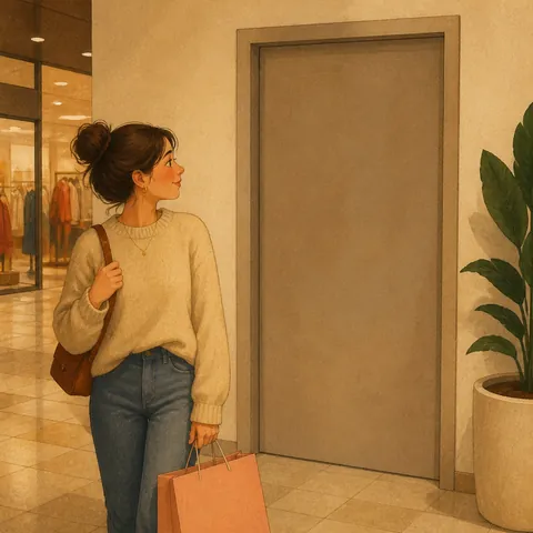 A friend pausing by a restroom sign in a mall hallway with a shopping bag