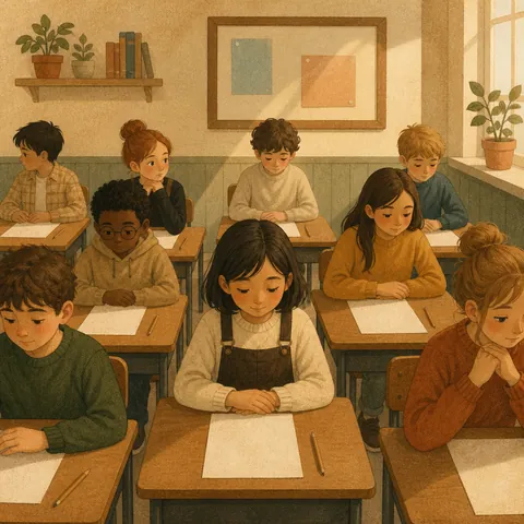 Students at desks looking at an exam paper that is about to begin