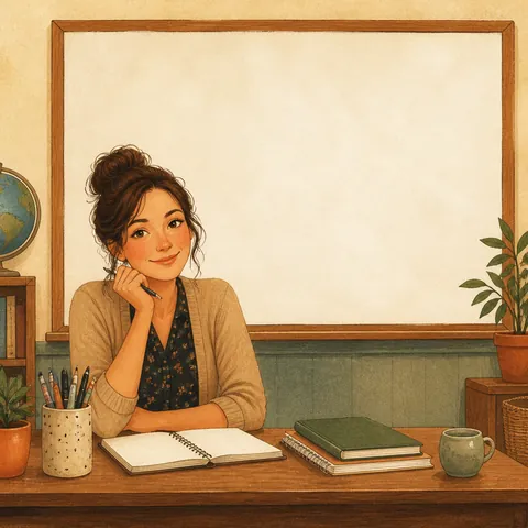 A teacher at a classroom desk with pens and notebooks ready for the new term