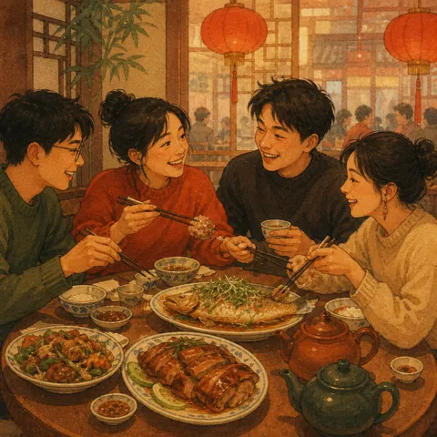 Friends sharing fish, meat, and two pots of tea at a Chinese restaurant table