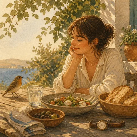 A relaxed meal outdoors with a bird nearby and a watch on the table