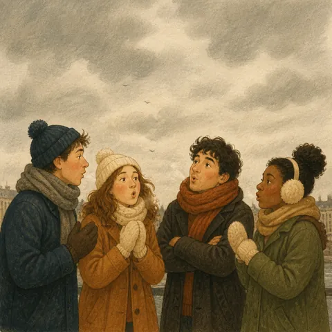 Friends in winter coats comparing a grey sky here with a memory of Beijing