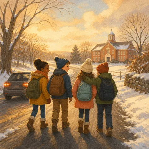 Friends standing on a winter road with a school in front and a car behind