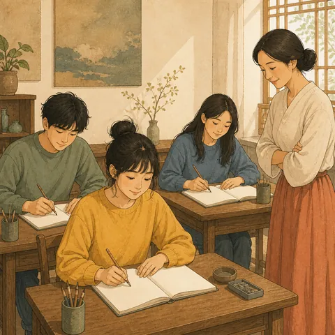 Students opening notebooks and drawing during a Chinese class