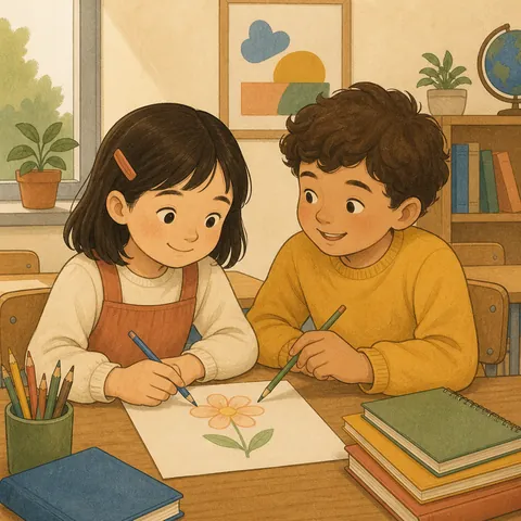 Classmates helping each other with a drawing hobby at their desks