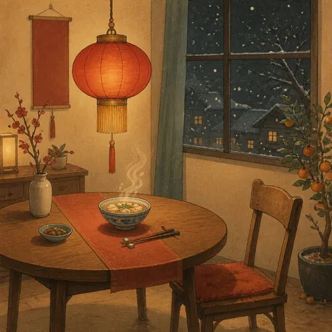 A quiet New Year table set for one person beside a window