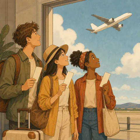 Friends at an airport doorway holding plane tickets and looking at the sky
