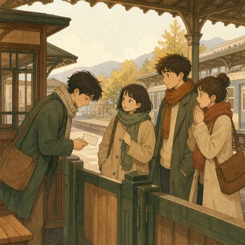 Friends at a station gate apologizing while holding tickets and looking for seats