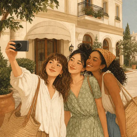Friends taking a photo together outside a hotel with a small camera