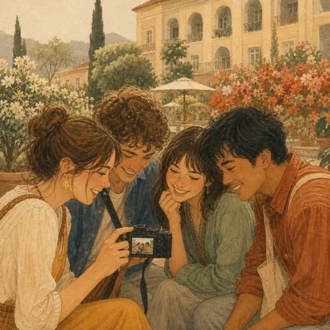 Friends choosing the best photo on a camera screen together